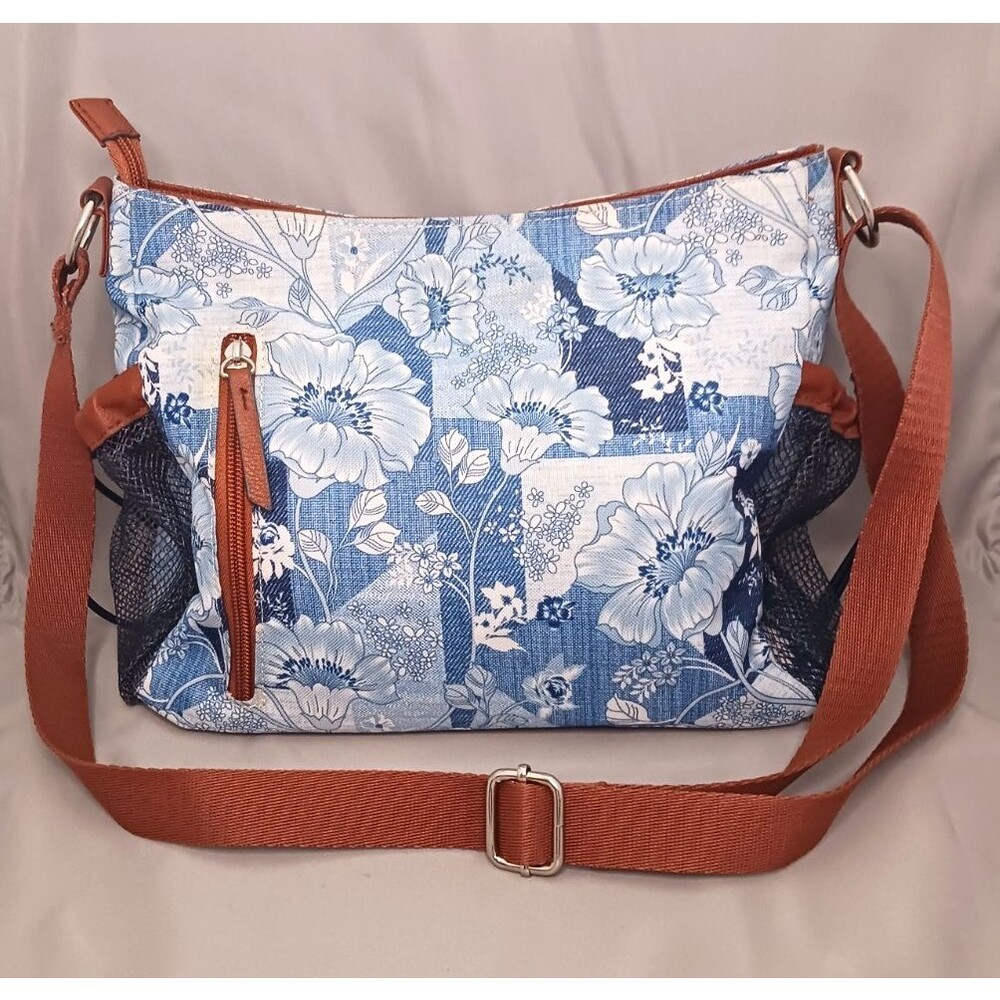 LILY BLOOM Denim Petal Patch Adjustable Shoulder Bag Purse Blue Floral Excellent - Picture 3 of 6